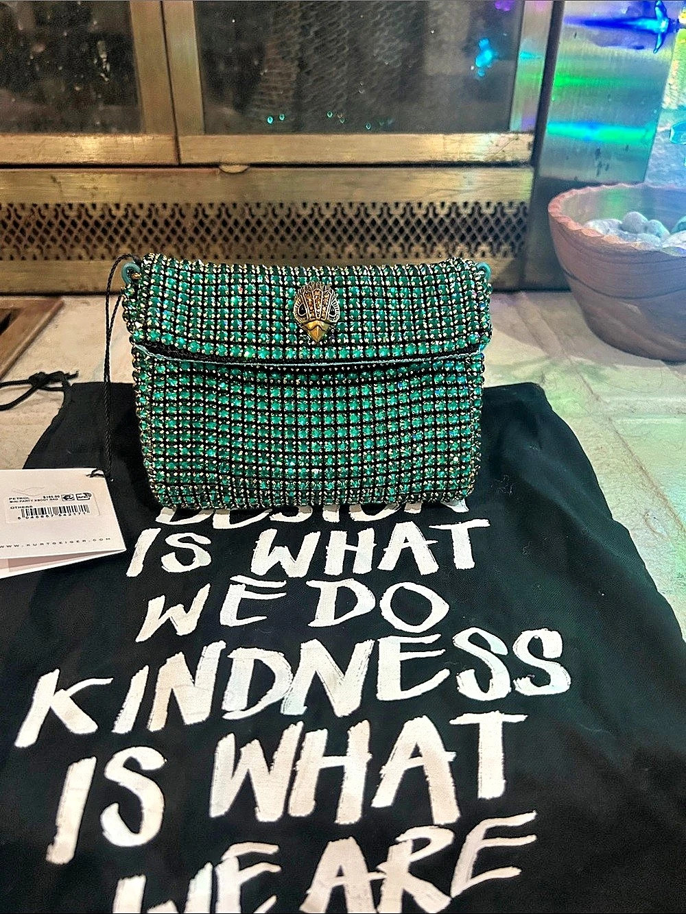 Kurt Geiger Mini Party Xbody Bag Green & Gold NWT